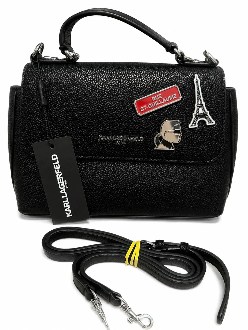 Karl Lagerfeld Black Satchel with Paris Badge Accents